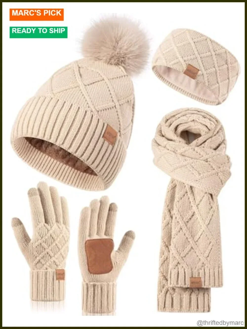 Women's Winter Hat Scarf Gloves Headband 4-Piece Set, Pom Pom Beanie